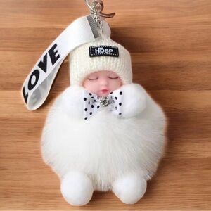 Sleeping Doll Fluffy Keychain with Bow